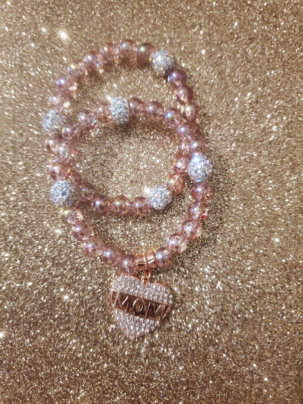 Sparkling Pink Beaded Bracelet Set with Heart MOM Charm